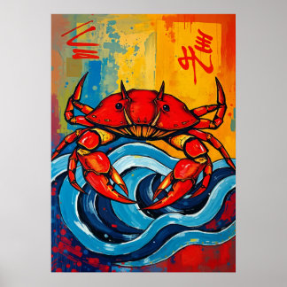 Bold Red Crab Japanese Wave Art Poster