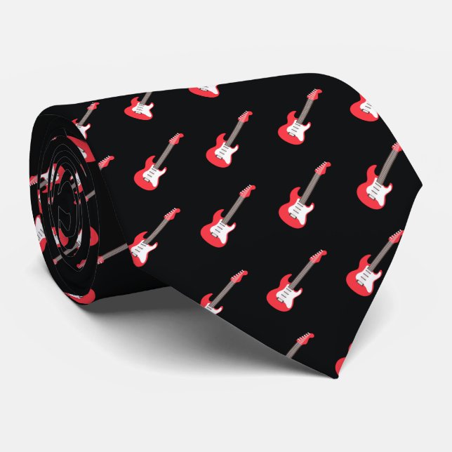 Bold Red Electric Guitar Black Rock Music Pattern Krawatte (Gerollt)
