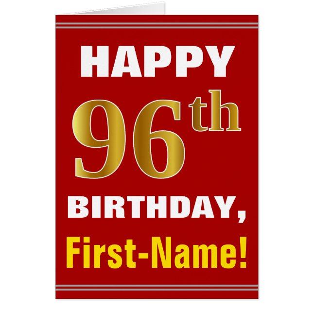 Bold, Red, Falsch Gold 96th Birthday w/ Name Card (Vorne)