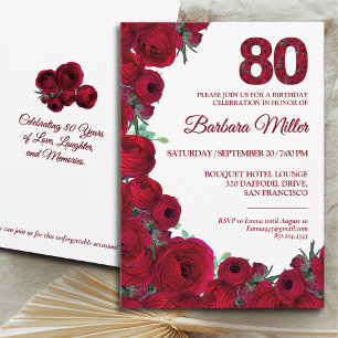 Bold Red Floral 80. Geburtstag Einladung