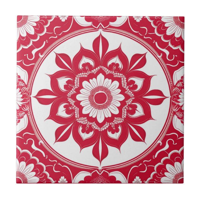 Bold Red Floral Mandala Tile Fliese (Vorderseite)