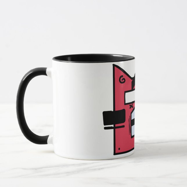 Bold Red Geometric Cat Tasse - Quirky Cartoon Styl (Links)