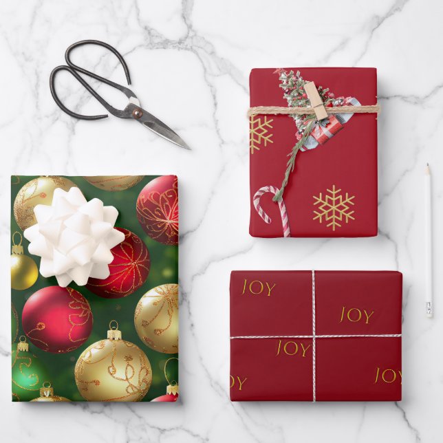 Bold Red Green Gold Weihnachtsschmuck Geschenkpapier Set (Vorderseite)
