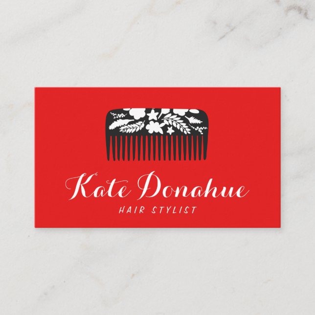 Bold Red Hairstylist Floral Comb Hair Salon Visitenkarte (Vorderseite)