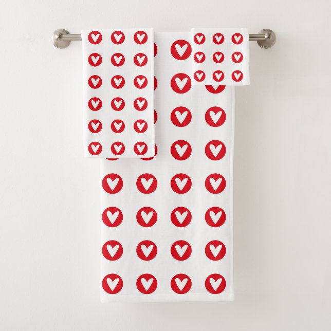 Bold Red Heart Emblem Pattern on White Badhandtuch Set (Insitu)