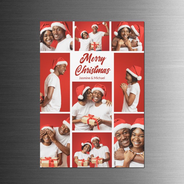 Bold Red Merry Christmas Photo Collage Magnet Card (Von Creator hochgeladen)