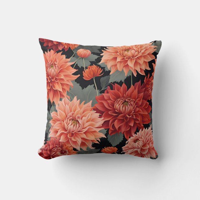 Bold Red & Orange Dahlia Floral Pattern Kissen (Vorderseite)