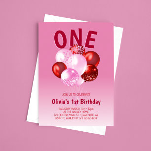 Bold Red Pink Balloons 1. Geburtstag Einladung