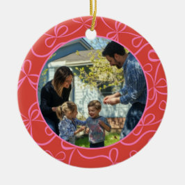 Bold Red Pink Ribbon Pattern Custom Photo Holiday Keramik Ornament
