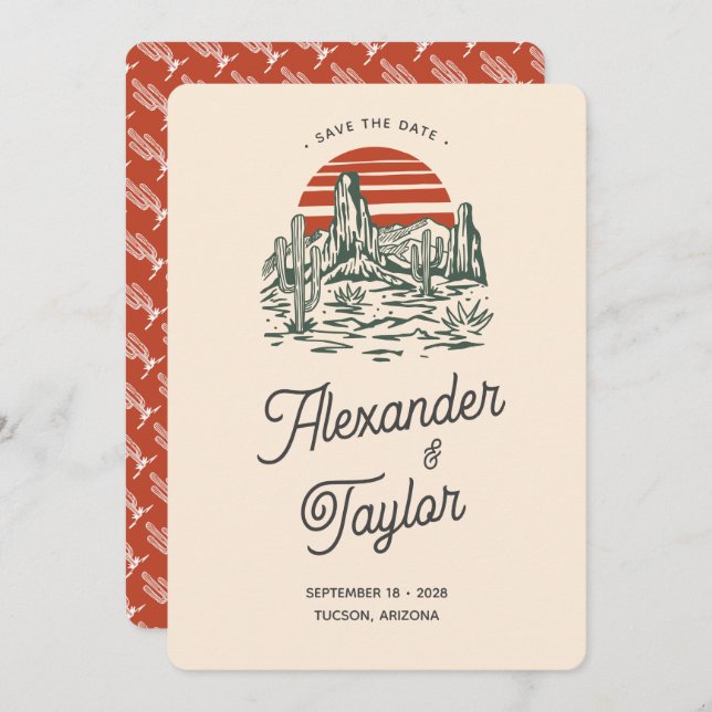 Bold Red Retro Saguaro Landschaftswüste Wedding Save The Date (Vorne/Hinten)