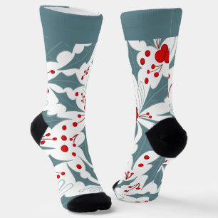 Bold Retro Aquamarin Holly and Berries Holiday Socken