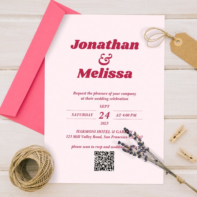 Bold Retro Chic Viva Magenta Pink QR Code Wedding Einladung (Von Creator hochgeladen)