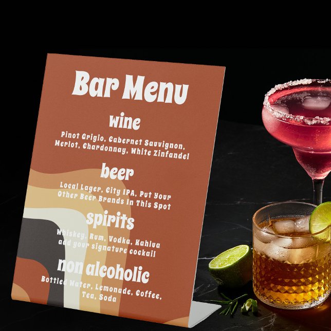 Bold Retro Groovy Orange 70er Boho Wedding Bar Men Sockelschild (Von Creator hochgeladen)