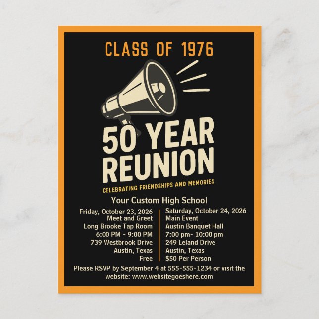 Bold Retro High School Reunion Pep Rally Megaphone Postkarte (Vorderseite)