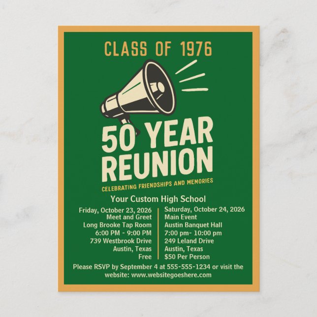 Bold Retro High School Reunion Pep Rally Megaphone Postkarte (Vorderseite)