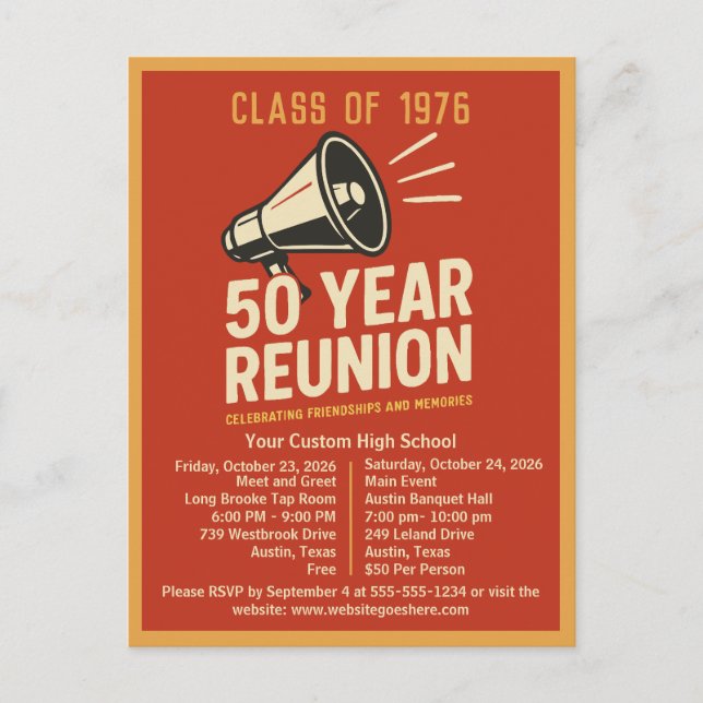 Bold Retro High School Reunion Pep Rally Megaphone Postkarte (Vorderseite)