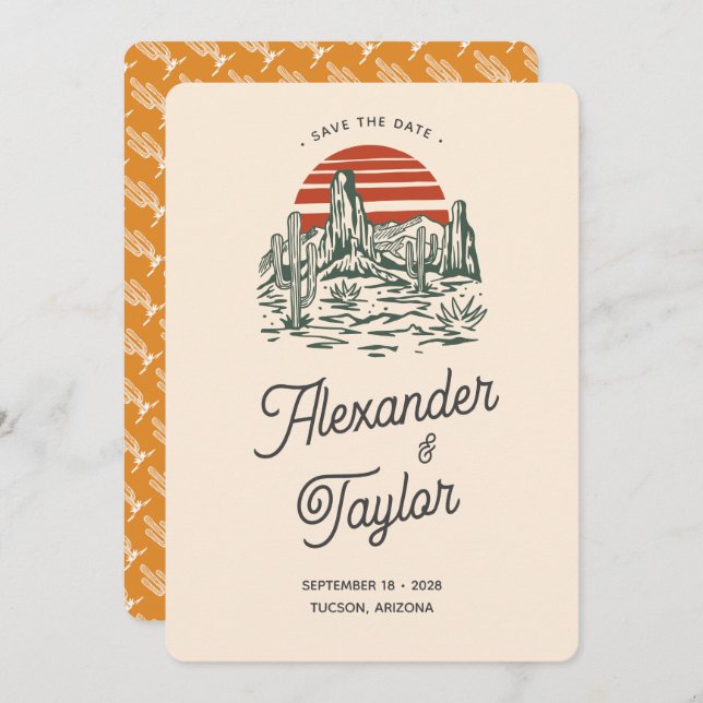 Bold Retro Vibes Saguaro Landscape Wüste Wedding Save The Date (Vorne/Hinten)