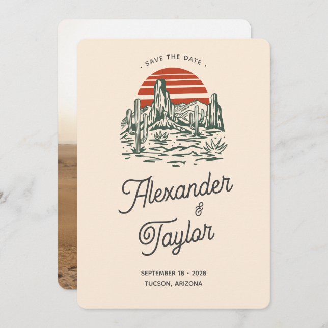 Bold Retro Vibes Saguaro Landscape Wüste Wedding Save The Date (Vorne/Hinten)