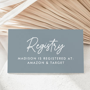 Bold Script Dusty Blue Baby Shooting Registry Begleitkarte