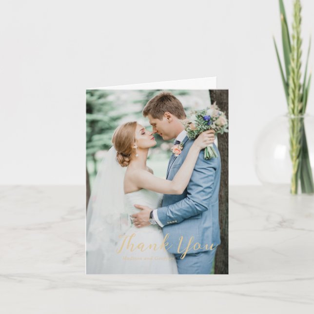 Bold Script Earthy Neutral Foto Elegant Wedding Dankeskarte (Vorderseite)