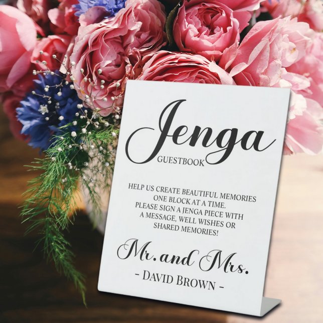 Bold Script Jenga Wedding Guestbook Sockelschild (Von Creator hochgeladen)
