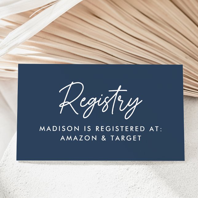 Bold Script Navy Baby Shooting Registry Begleitkarte (Von Creator hochgeladen)