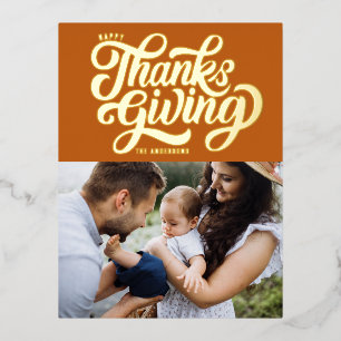 Bold Script Orange Happy Thanksgiving Foto Folien Feiertagspostkarte