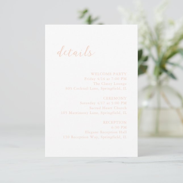 Bold Script Peach Elegant Wedding Begleitkarte (Stehend Vorderseite)