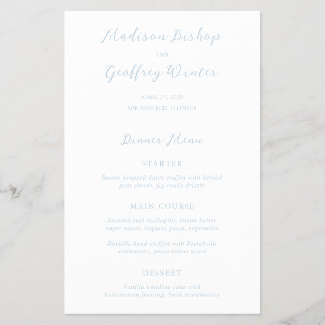 Bold Script Powder Blue Budget Wedding Menu Flyer (Vorne)
