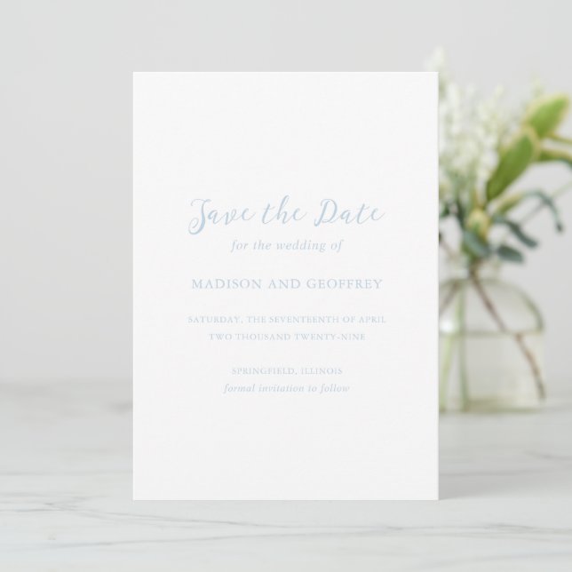 Bold Script Powder Blue Foto Elegant Wedding Save The Date (Stehend Vorderseite)