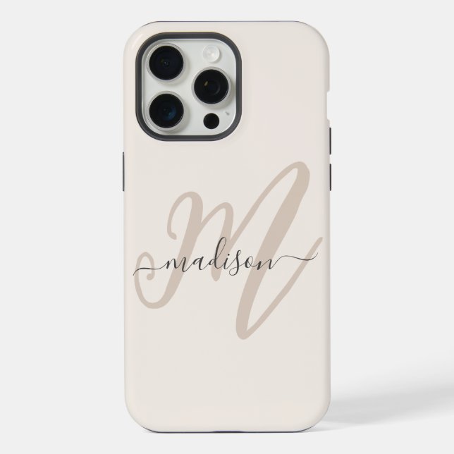 Bold Script Stilvolle Monogram und Name in Beige iPhone Hülle (Rückseite)