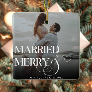 Bold Script Wedding First Christmas Metal Keramikornament