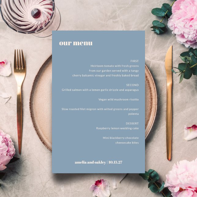 Bold Simple Dusty Blue Simple Custom Wedding Menu (Von Creator hochgeladen)