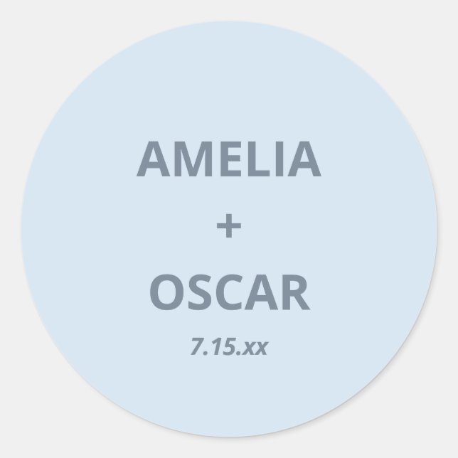 Bold Soft Blue Modern Wedding Names Date Custom Runder Aufkleber (Vorderseite)