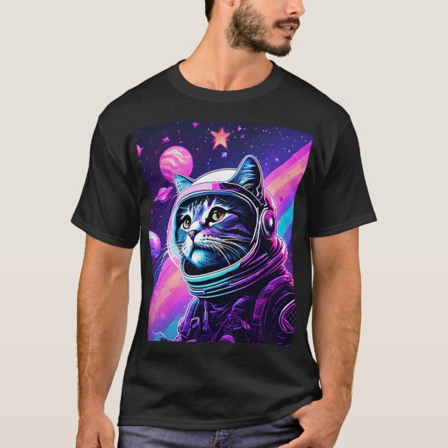 Bold Space Cat Adventure - Retro Vaporwave Galaxy T-Shirt (Vorderseite)