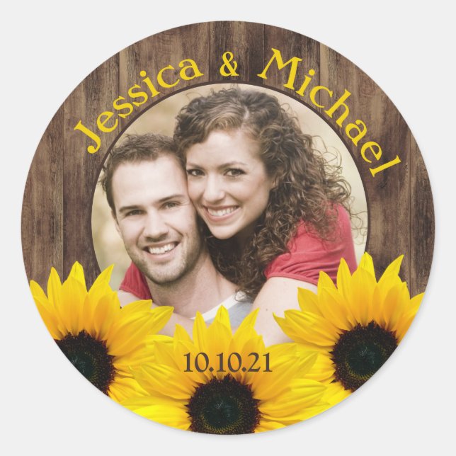 Bold Sunflower Wood Foto Wedding Save the Date Runder Aufkleber (Vorderseite)