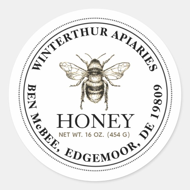 BOLD TEXT Editable White Honey Jar Bee Label Runder Aufkleber (Vorderseite)