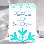 Bold Türkise Snowflake Peace Joy Liebe Typografie Feiertagskarte<br><div class="desc">"Frieden, Freude und Liebe." Eine riesige, lustige, spielerische, türkisfarbene Imitate-Folie mit Schneeflocken-Illustration und moderne Typografie auf weißem Hintergrund helfen Ihnen in der Ferienzeit. Ein türkisfarbener Konfetti-Punkt umrahmt den Gipfel. Ihr personalisierter Gruß findet sich im Inneren. Fühlen Sie die Wärme und Freude der Ferien, wenn Sie diese atemberaubende, grafische, personalisierte Grußkarte...</div>