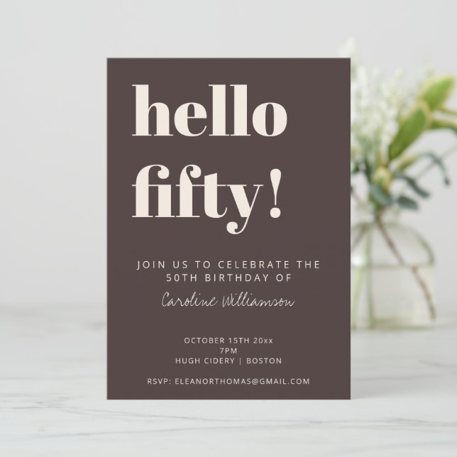 Bold Typography Brown Modern 50th Birthday Party Einladung (Stehend Vorderseite)