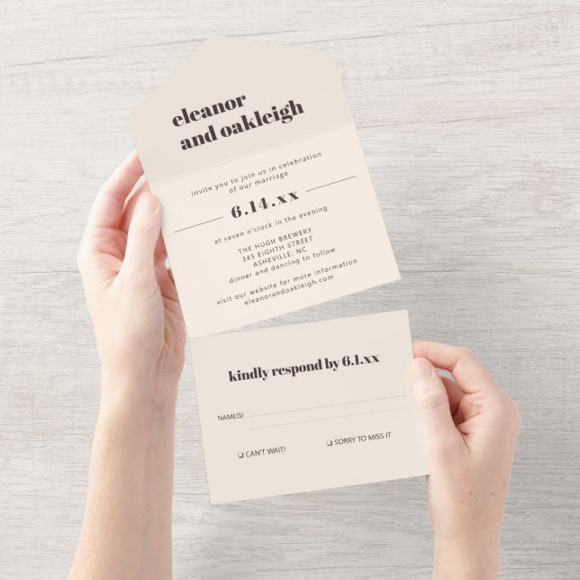 Bold Typography Cream Brown Modern Wedding All In One Einladung (Abreißen)