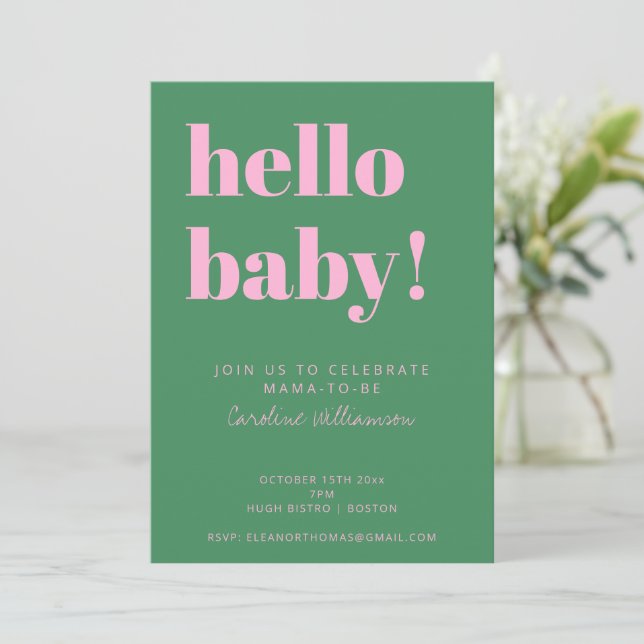 Bold Typography Pink Green Modern Baby Shower Einladung (Stehend Vorderseite)