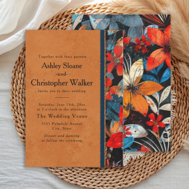 Bold Vibrant Orange Teal Red Flowers Einladung (Bold, vibrant orange, teal, red flowers boho-style wedding invitation)