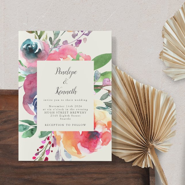 Bold Watercolor Floral Elegantes Skript Hochzeit Einladung (Von Creator hochgeladen)