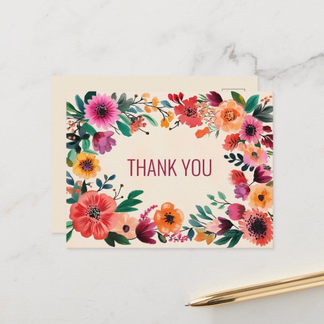 Bold Watercolor Florals DANKE Postkarte (Vorderseite/Rückseite Beispiel)