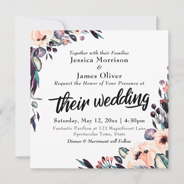 Bold Watercolor Florals und Script "Ihre Hochzeit" Einladung (Vorderseite)