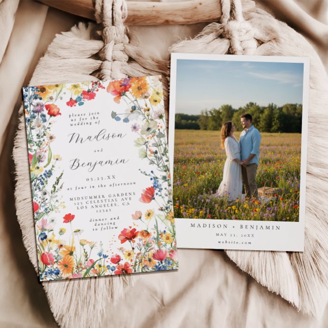 Bold Wildflower Photo Wedding Einladung (Von Creator hochgeladen)