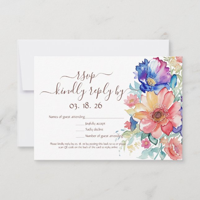 Bold Wildflower RSVP Card – Blue Pink Peach Floral Karte (Vorderseite)