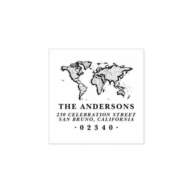 Bold World Map Formeller Familienname und Rücksend Gummistempel (Prägung)