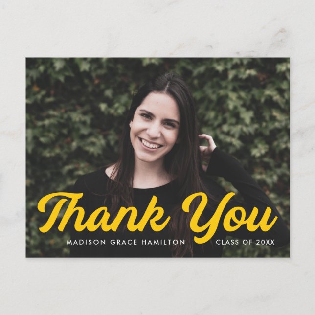 Bold Yellow Script Foto Abschluss Vielen Dank Postkarte (Vorderseite)