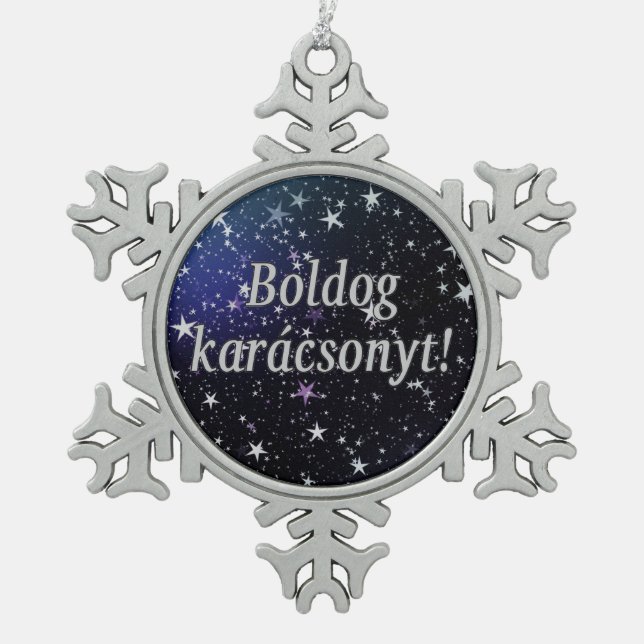 Boldog karácsonyt! Frohe Weihnachten im Schneeflocken Zinn-Ornament (Vorderseite)